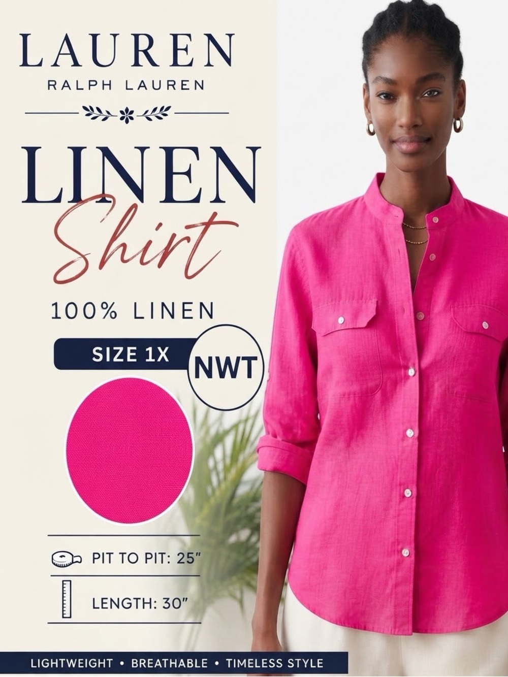 NWT Lauren Ralph Lauren Pink 100% Linen Mandarin Collar Tunic Shirt 1X Preppy